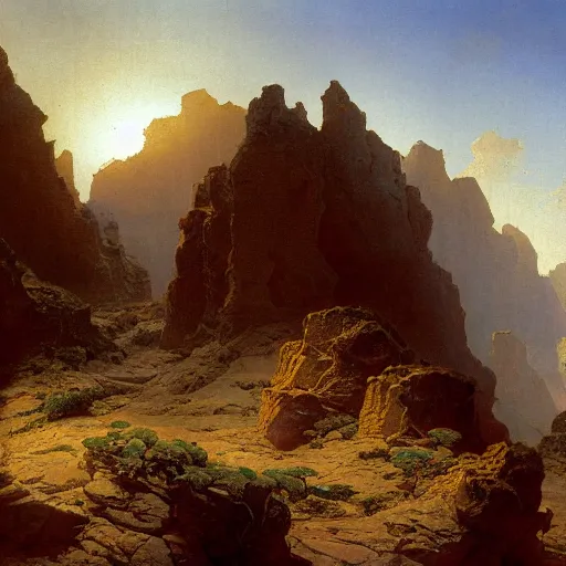 Image similar to an oil painting of a cracked and dry canyon on an alien planet with the sun breaking through clouds by carl spitzweg and tuomas korpi