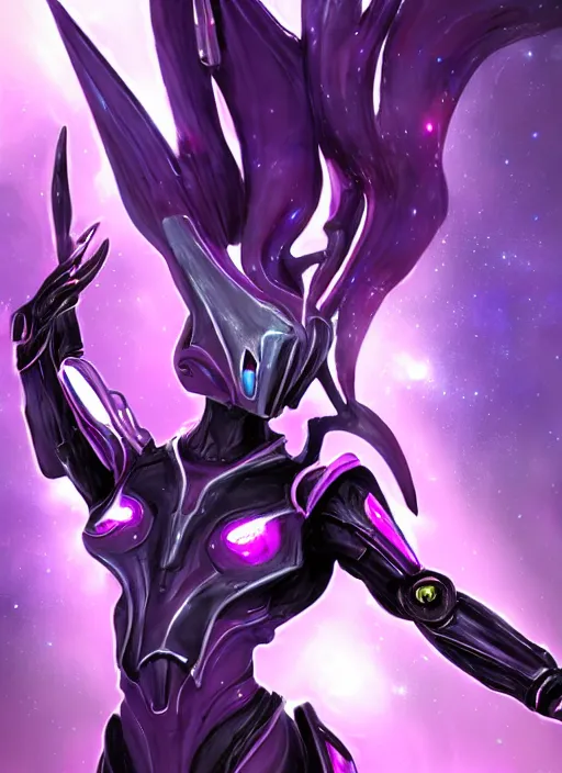 Image similar to cinematic close shot, galactic sized goddess, proportional stunning beautiful hot female warframe, sleek mecha female dragon head, metal ears, led purple eyes, smooth fuschia skin, sleek silver armor, floating in space, holding a galaxy, epic proportions, epic size, epic scale, furry art, dragon art, giantess art, warframe fanart, furaffinity, octane