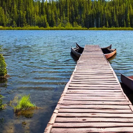 Prompt: primitive wooden dock on a lake coast with primitive rowboats in it