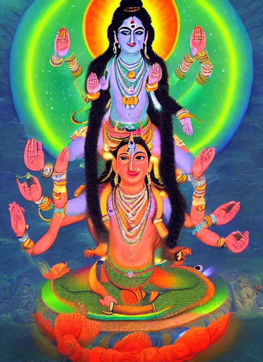 Prompt: digital visionary painting, hindu art, masterpiece, lord shiva creates the world with his primordial om, realistic, highly detailed, post produced