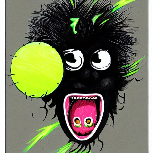 Prompt: a tennis ball monster, tennis ball, lightning, chalk, digital art, fantasy, magic, trending on artstation, ultra detailed, professional illustration by Basil Gogos