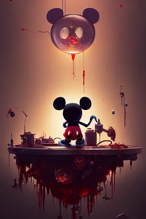 Image similar to mickey mouse open bloody head being repaired by mechanics, made by beeple, greg rutkowski,, alphonse mucha. cgsociety, unreal engine, octane render, highly detailed 4 k art, smooth, sharp focus, cinematic lighting, volumetric lighting, artstation,