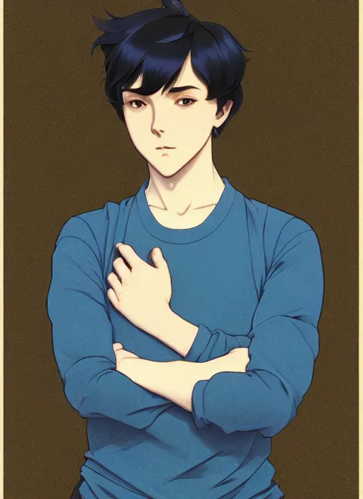 Prompt: handsome young man with short black hair, male, dressed in blue, half body shot, arms folded, path traced, highly detailed, high quality, digital painting, by studio ghibli and alphonse mucha, leesha hannigan, hidari, art nouveau, chiho aoshima, posuka demizu, atey ghailan, artgerm, ayami kojima