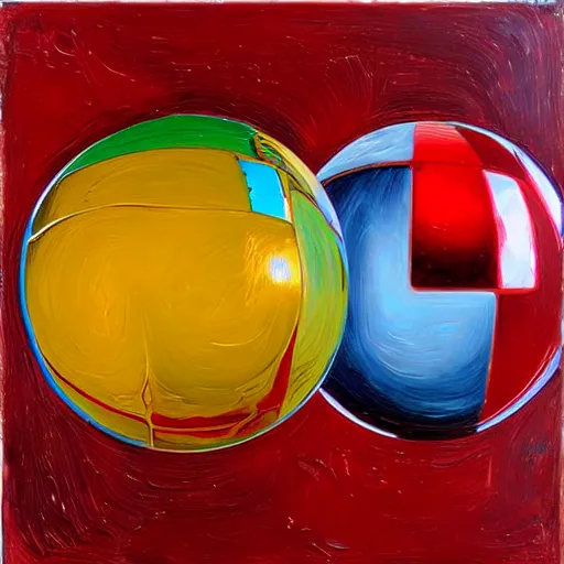 Prompt: chrome spheres on a red cube, impasto