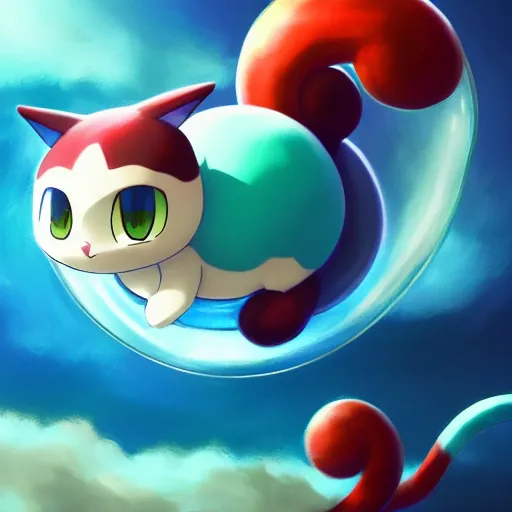 Image similar to cinematic portrait of cute Mew riding large blue bubble, oil on canvas in the style of Pokemon, epic masterpiece, trending on artstation, featured on pixiv, cinematic composition, dramatic pose, beautiful lighting, sharp, details, hyper-detailed, HD, HDR, 4K, 8K