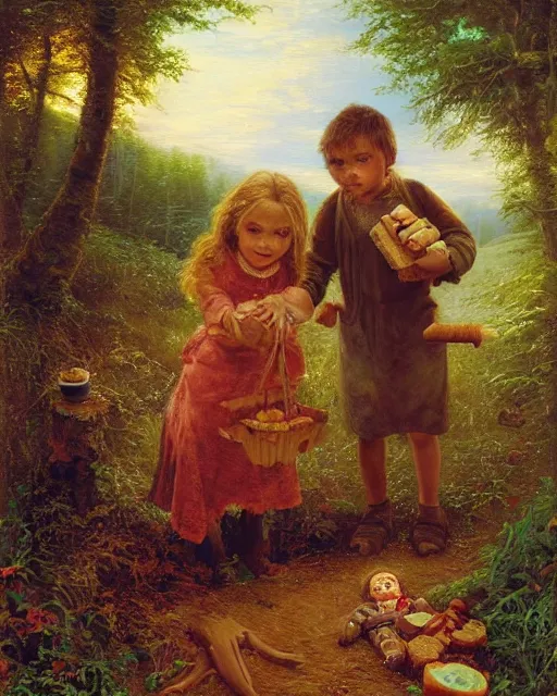 Prompt: an oil painting of a young, poor peasant brother and sister lost in the forest, with a witch's gingerbread house coverd in candy, by thomas kincade, ivan shiskin, and james gurney