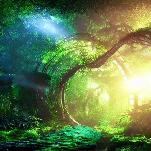 Image similar to active stargate to another dimension inside a beautiful tree in a densely overgrown jungle, fantasy, dreamlike sunrise volumetric lighting, ultra realistic, atmospheric, stopped in time, epic