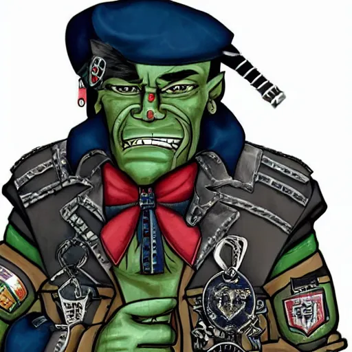 Image similar to a middle aged half - orc with thin fangs and blue grey intelligent eyes, a bemused smile. he wears a patchwork military uniform jacket with cut sleeves and many charms and baubles worked into the fabric, with an upturned collar. he has sleeve tattoos. 1 9 th century style