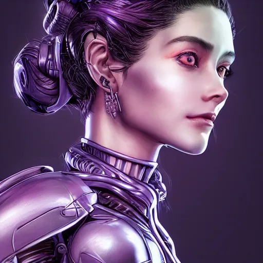 Image similar to close up portrait of a woman in smooth purple sci - fi armor, long black ponytail, elegant, intense, woman, an ultrafine hyperdetailed illustration by kim jung gi, irakli nadar, intricate linework, sharp focus, bright colors, octopath traveler, final fantasy, unreal engine 5, global illumination, radiant light