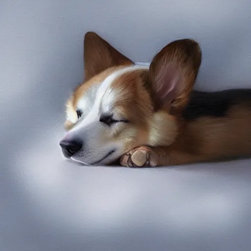 Image similar to a cute corgi sleeping. soft, atmospheric, warm lighting. highly detailed digital painting by mandy jurgens.