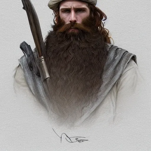 Image similar to portrait of a rugged ranger, 25 years old, beard, male, masculine, upper body, red hair, long hair, soft hair, D&D, fantasy, intricate, elegant, highly detailed, digital painting, artstation, concept art, matte, sharp focus, illustration, art by Artgerm and Greg Rutkowski and Alphonse Mucha