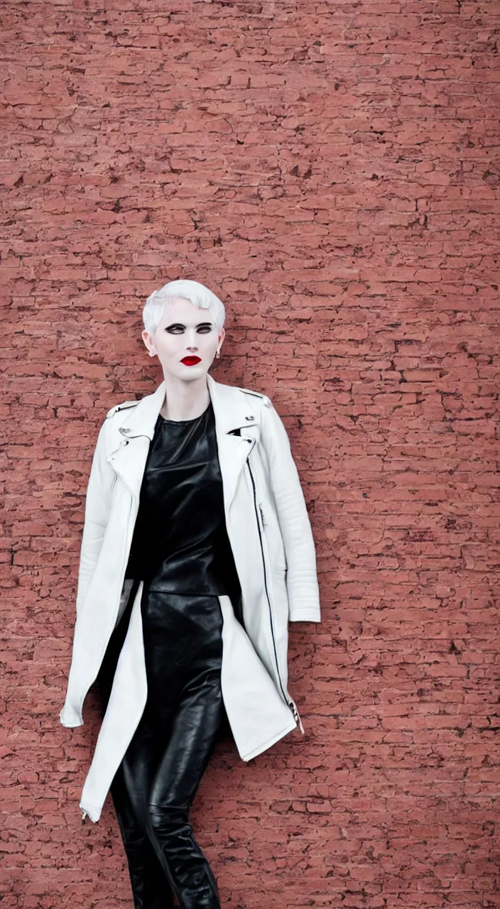 Prompt: woman, short white hair, pale skin, hard light, lense flares, glamour, vogue photoshoot, fashion, leather jacket, black dress, red lipstick, brick wall