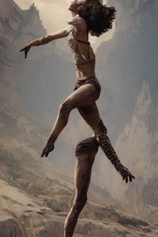 Image similar to a full body portrait of a beautiful post apocalyptic offworld desert gymnast leaping in ballet dance pose by the emerald oasis pools, intricate, elegant, highly detailed, digital painting, artstation, concept art, smooth, sharp focus, illustration, art by krenz cushart and artem demura and alphonse mucha