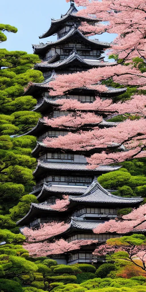 Image similar to a towering japanese castle, lush foliage, sakura by Frank Lloyd Wright