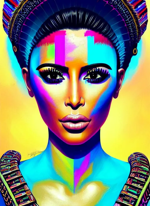 Image similar to portrait of kim kardashian, hyper detailed ultra sharp aztec shaman warrior. trending on artstation, warpaint aesthetic, bloodwave, colorful, psychedelic, ornate, intricate, digital painting, concept art, smooth, sharp focus, illustration, art by artgerm and greg rutkowski and h. r. giger, 8 k