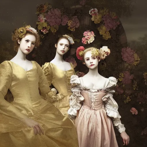 Image similar to 8k, octane render, realism, tonalism, renaissance, rococo, baroque, group of creepy young ladies wearing long flowers and skull dress, harajuku manga, background chaotic gold leaf flowers