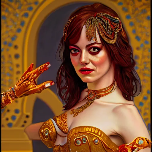 Image similar to a photorealistic portrait of emma stone dressed as a belly dancer, arabian night, high quality, fully detailed, 4 k, in focus sharp face with fine details, realistic hand details and anatomy, inspired by belly dancer on youtube, alphonse mucha, masterpiece, stunning, artstation