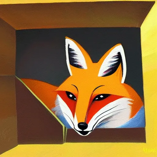 Prompt: a fox hiding inside a box, painting