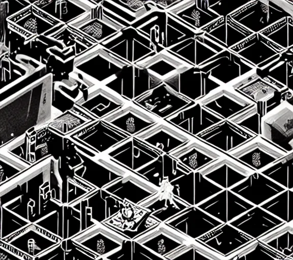 Prompt: a black and white illustration of a cyberpunk netrunner, street level, in the style of (Escher), 4k, 8k, HD, trending on artstation