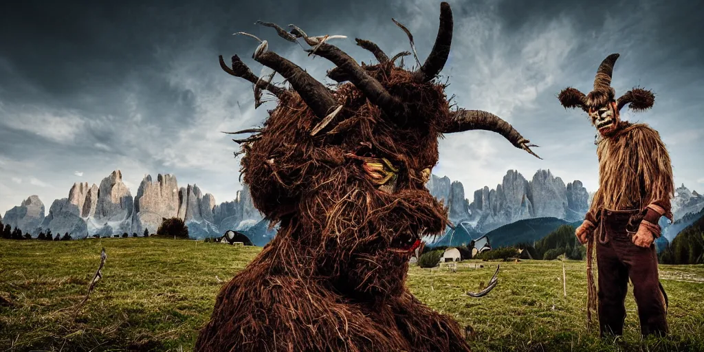 Image similar to historical sharp 4 k photograph of a tyrolean farmer turning into a krampus hay monster with goathorns and roots growing from his face, dolomites in the background, dark, eerie, grainy