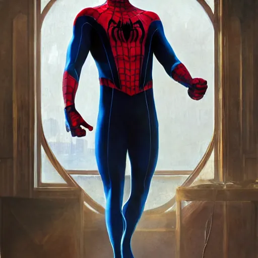 Image similar to ryan reynolds as spider - man, wearing a black and blue suit, cinematic, volumetric lighting, f 8 aperture, cinematic eastman 5 3 8 4 film, photorealistic by greg rutkowski, by stanley artgerm, by alphonse mucha