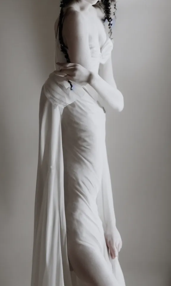 Prompt: photo of gorgeous seductive tall emily skinner cosplaying annie leonhart wearing elegant white dress in a white room, beautiful face, pale skin, rule of thirds, cinematic lighting, rainy weather, melancholy atmosphere, sharp focus, backlit, stunning, smooth, hard focus, full body shot, studio photo, shot on sony a 7 iii, hyper realistic,