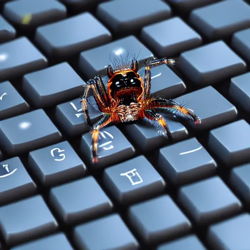 Image similar to a jumping spider pressing keyboard keys, by pixar, macro lens, iridescent, character concept art