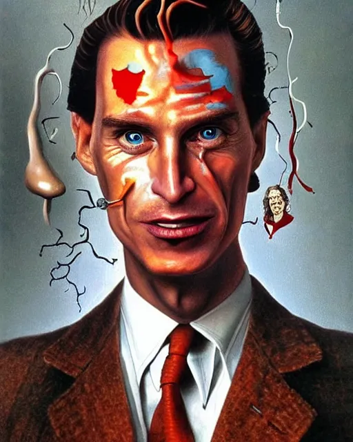 Prompt: a surrealistic portrait of Patrick Bateman, centered face, painting by Patrick Woodroffe and Salvador Dali, highly detailed, trending on artstationhq