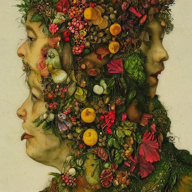 Image similar to a beautiful profile portrait of a woman, leaves, by giuseppe arcimboldo,, psychedelic, surreal, dreamlike, environmental friendly, nature.
