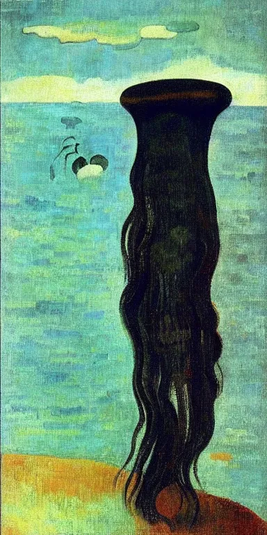 Image similar to black!! jellyfish by paul gauguin, serene, calm, minimalist!!!