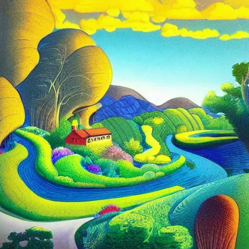 Prompt: A beautiful computer art of a landscape. It is a stylized and colorful view of an idyllic, dreamlike world with rolling hills, peaceful looking animals, and a flowing river. The scene looks like it could be from another planet, or perhaps a fairy tale. by Joe Shuster amorphous, angular