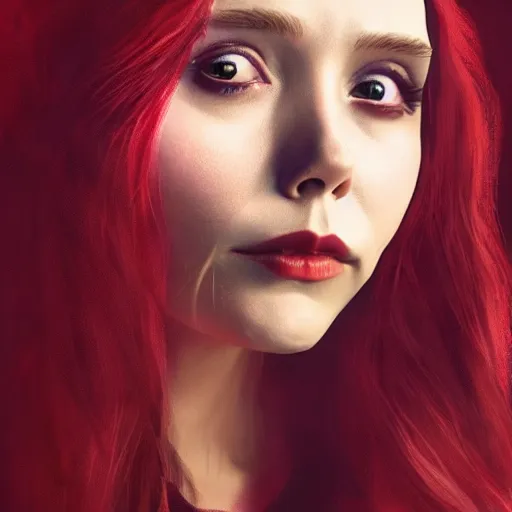 Image similar to Elizabeth Olsen as the Scarlet Witch in emo attire and emo makeup, trending on artstation, gloomy atmosphere, photorealistic facial features, 4k, 8k