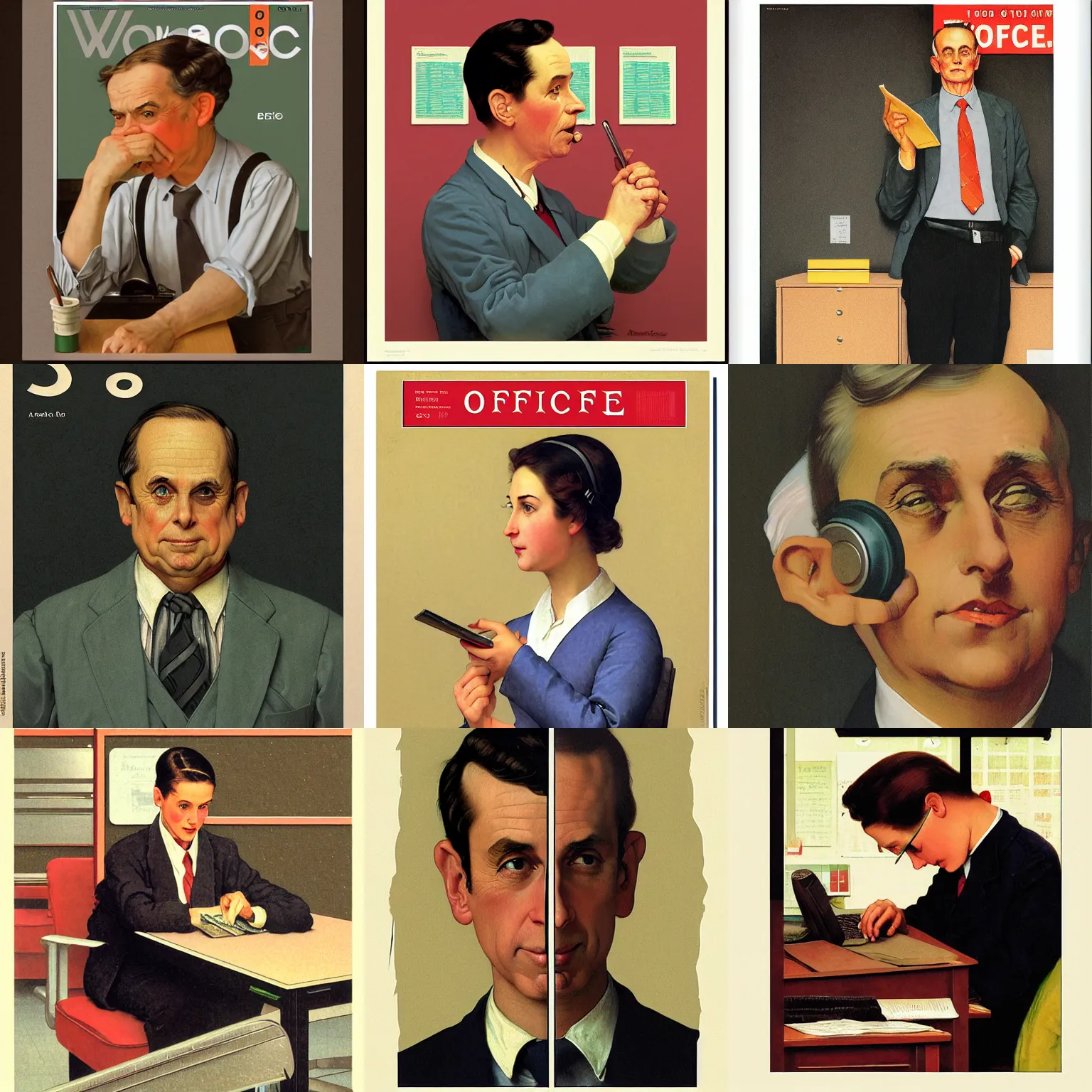 Prompt: icon of office worker from behance, ios, vintage, magazine illustration, by norman rockwell, william - adolphe bouguereau, pixar