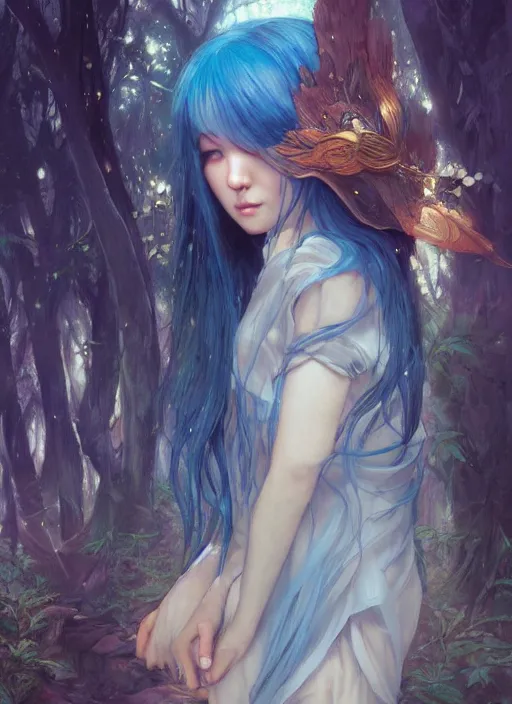 Image similar to stunningly beautiful female blue hair, dj sura face, fantasy art, fae priestess, lush forest landscape, dark light night, sharp focus, digital painting, 8 k, concept art, art by wlop, artgerm, greg rutkowski and alphonse mucha