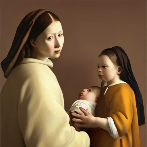 Image similar to pure love is patient love is kind, mother and child ; photorealistic oil painting by johannes vermeer ; highly detailed cute faces by wlop ; trending on artstation ; 8 k high resolution, symmetrical, cinematic, high coherence, golden ratio, rule of thirds, perfectly centered ; anatomically correct faces