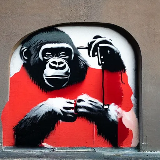 Image similar to gorilla wearing red headphones by banksy