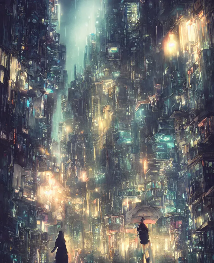 Image similar to cluttered futuristic city at night, rain, girl under lantern, by Sean Foley