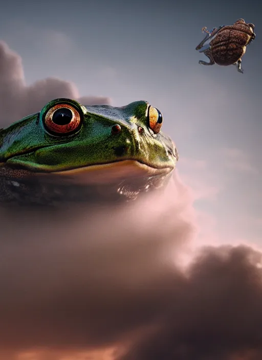 Prompt: hyperrealism, detailed textures, photorealistic 3 d, a massive hovering frog emerging from a fluffy cloud with a giant house fly flying near the frog, ultra realistic, cinematic, intricate, cinematic light, concept art, illustration, art station, unreal engine 8 k