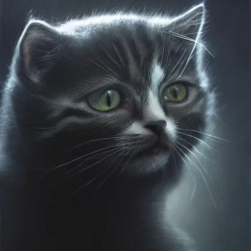 Prompt: a portrait of a kitten, anatomically correct, beautiful perfect face, enigmatic, oil painting, matte, black background, Volumetric dynamic lighting, Highly Detailed, Cinematic Lighting, Unreal Engine, 8k, HD, by Beksinski