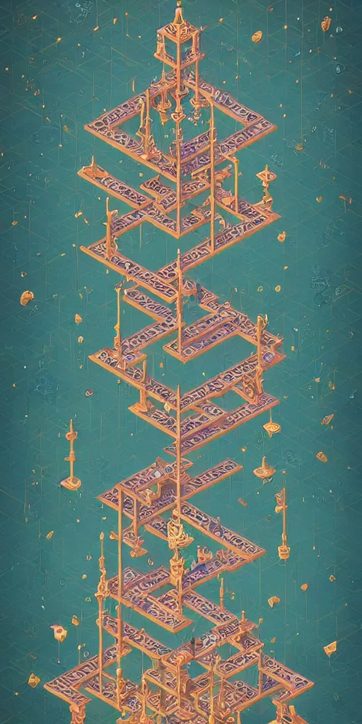 Prompt: isometric bringer of light and light, mystical, magicavoxel intricate ornamental oriental tarot tower floral flourishes, technology meets fantasy, glass, copper, steel, emerald, diamond, amethyst, glass, map, infographic, poster, concept art, art station, style of monument valley, wes anderson