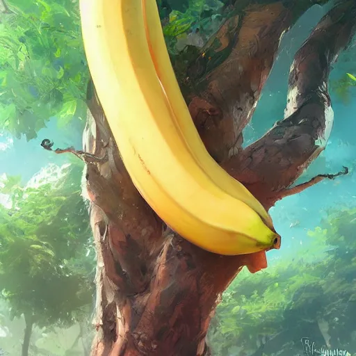 Image similar to tree that looks like banana, made by stanley artgerm lau, wlop, rossdraws, james jean, andrei riabovitchev, marc simonetti, yoshitaka amano, artstation, cgsociety