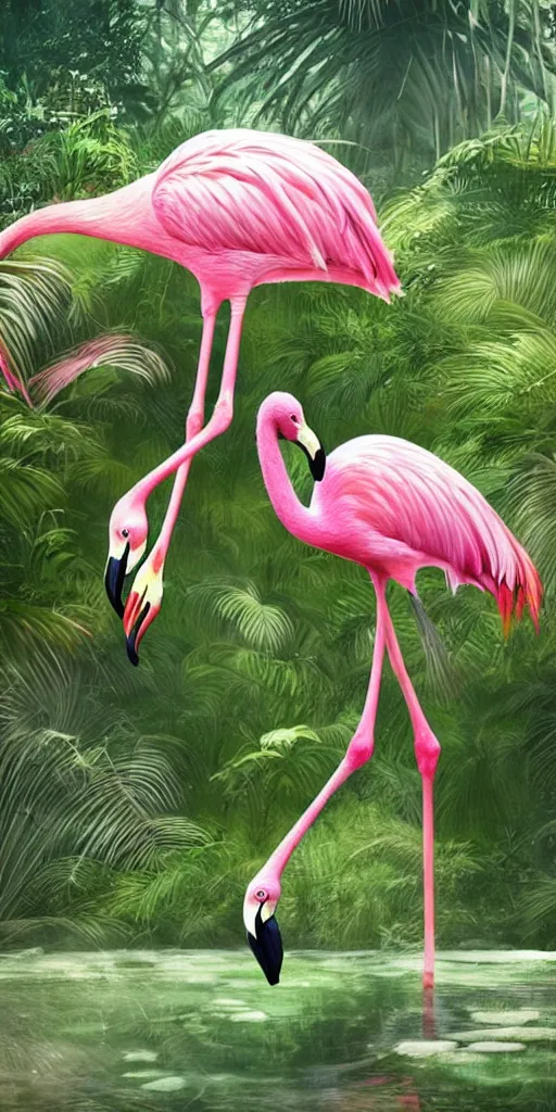 Prompt: a detailed pink flamingo in a lush jurassic landscape, hyper realistic art, 4 k, hyper realistic, coherent design, symmetrical, vivid colour, trending on art station, in the style of pi - slices, complementary colour, golden ratio, detailed, sharp lines, intricate, rainbow shift, in unreal 3 d engine, ray tracing, octane render