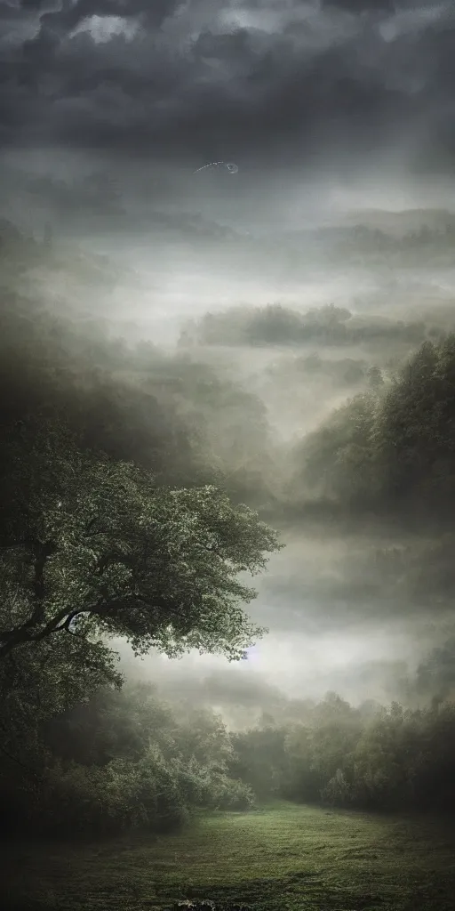 Image similar to dark airy land in the Harry Poter world, hyper realistic, landscape, nature