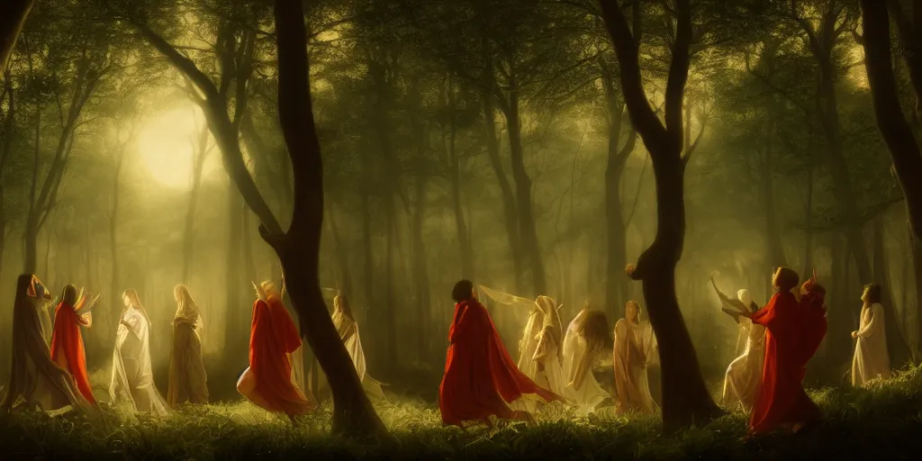 Image similar to masterpiece ephemeral demons, vampires and witches dancing in the woods at dusk, edmund leighton, majestic, volumetric lighting, photorealistic, intricate, trending on artstation 8 k