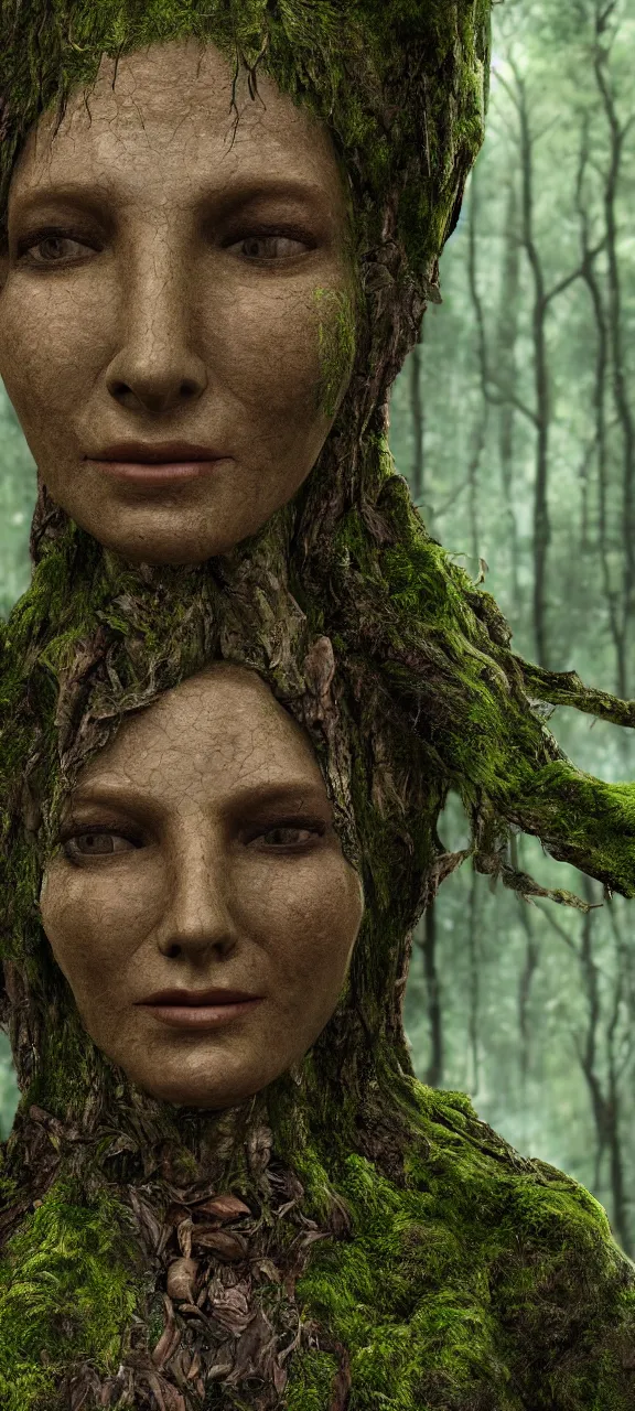 Image similar to photograph of hyperrealistic hyperdetailed ancient woman face in the shape of a tree covered with bark and moss, in a dark mysterious forest, unreal engine, octane,