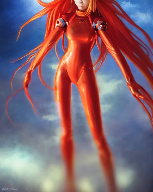 Prompt: asuka langley soryu wearing plugsuit, award winning photograph, radiant flares, realism, lens flare, intricate, various refining methods, micro macro autofocus, evil realm magic painting vibes, hyperrealistic painting by michael komarck