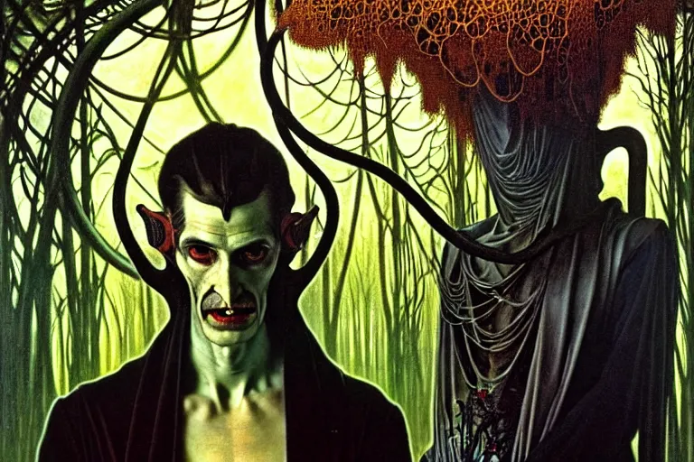 Prompt: realistic extremely detailed portrait painting of an elegantly creepy vampire man dressed as dracula, futuristic sci-fi forest on background by Jean Delville, Amano, Caravaggio, Yves Tanguy, Alphonse Mucha, Ernst Haeckel, Edward Robert Hughes, Roger Dean, rich moody colours