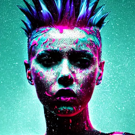 Prompt: splashes of neon clouds, mowhawk, punk women portrait made out of paint with rain in the background, trending on artstation, epic composition, emotional, beautiful, rendered in octane, highly detailed, realistic, comic book art, sharp focus, matte painting, unreal engine