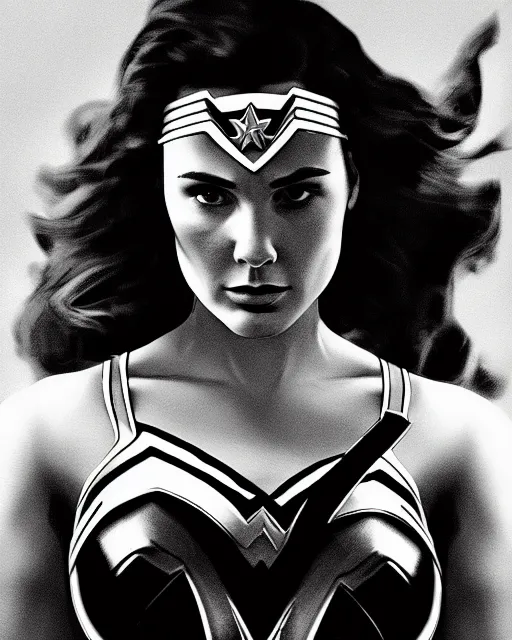 Image similar to wonderwoman portrait hd sharp monochrome noir photo with mix of gal Gadot and Linda Carter in frank Miller Alex Ross style detailed trending Leica Zeiss depth of field