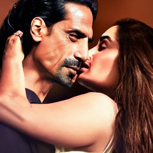 Image similar to closeup of kareena kapoor and arjun rampal kissing, natural lighting, hyper detailed, 1 0 0 mm, photographic, cinematic lighting, studio quality.